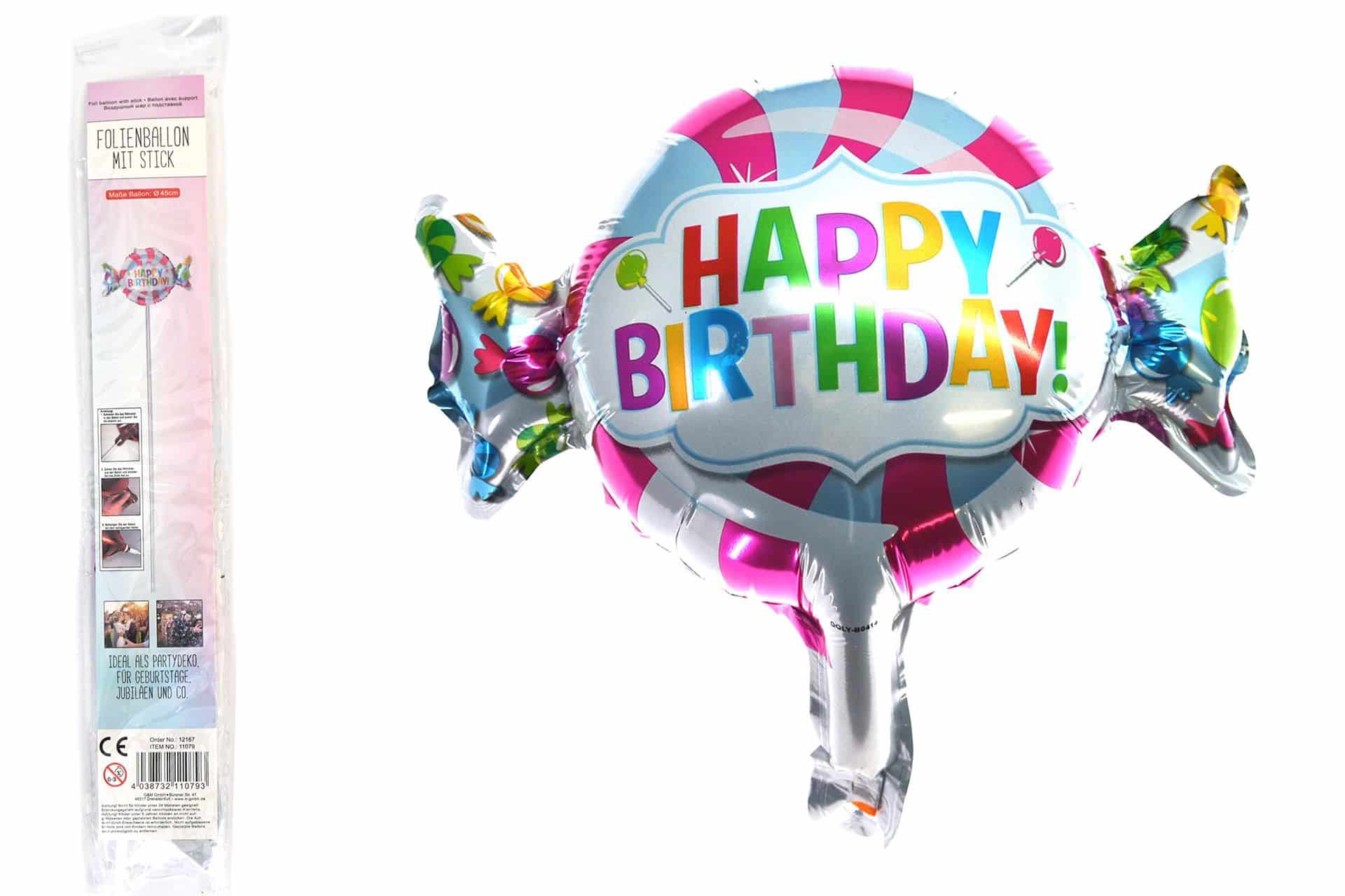 Folienballon mit Stick "Happy Birthday" Bonbon